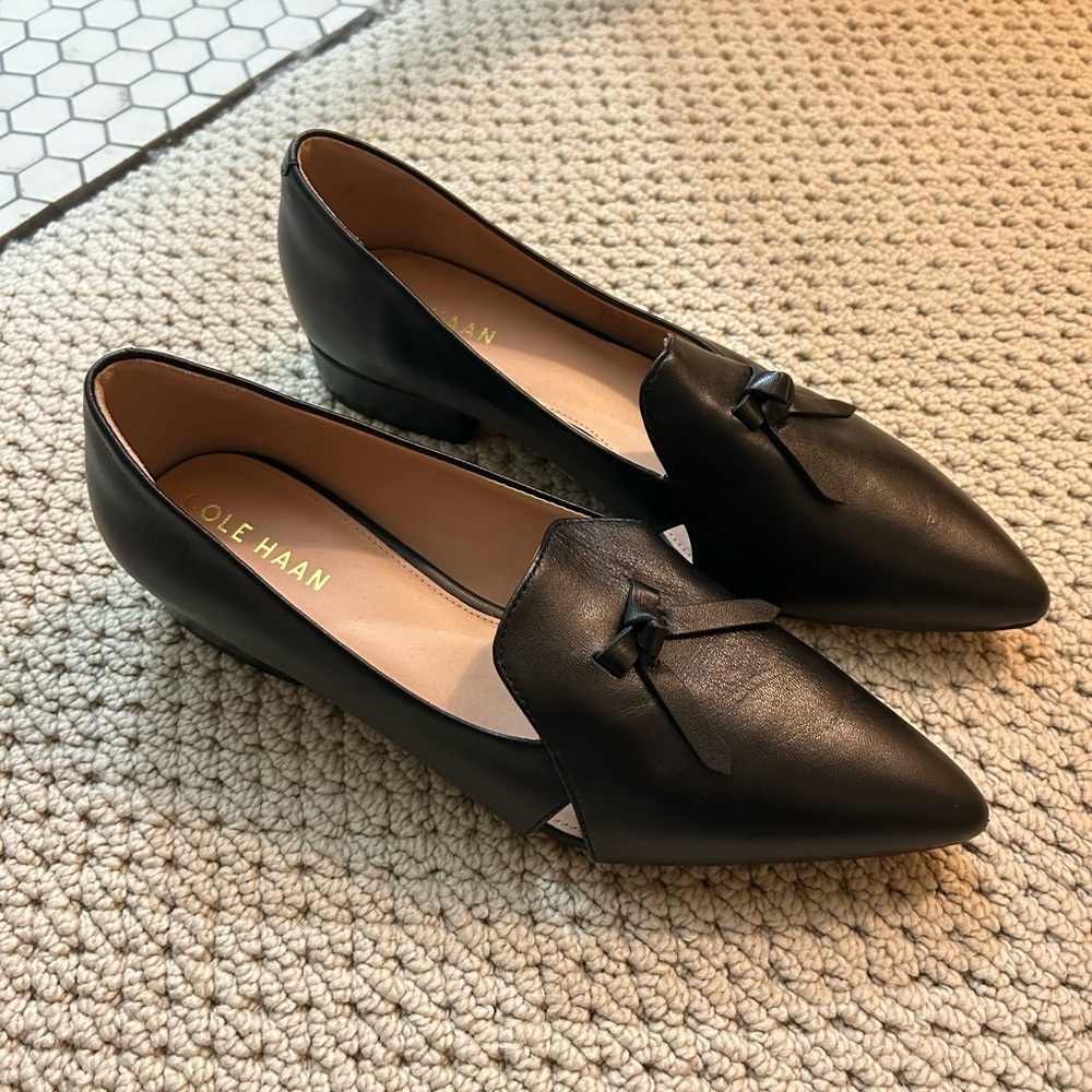 Cole Haan Women's Black Leather Flats with Bow and Cutout Details